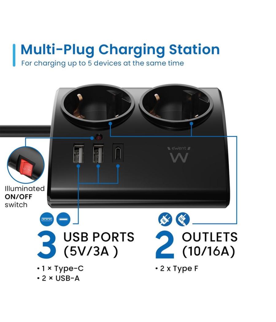 Regleta ewent 2 tomas shucko 2 puertos usb tipo a 1 puerto usb tipo c interruptor negro