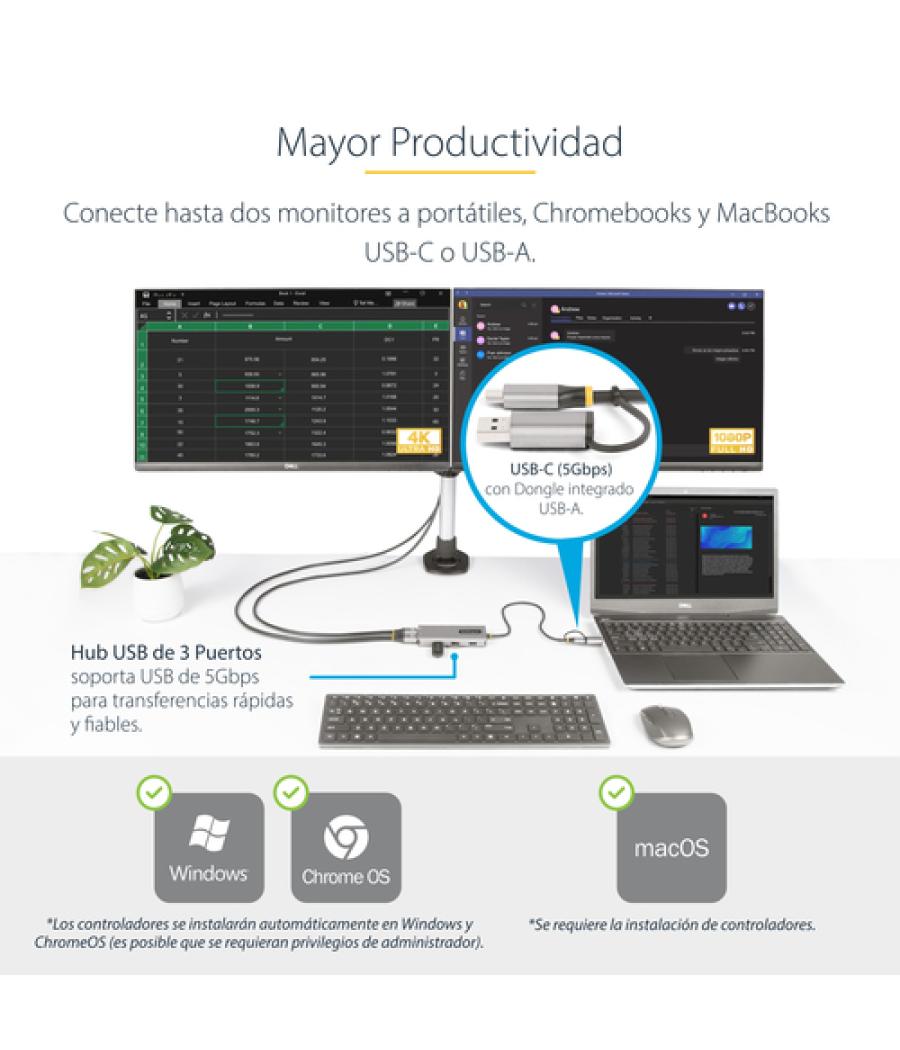 StarTech.com Adaptador Multipuertos USB-C - HDMI Doble (4K30Hz/1080p60Hz) - Hub Ladrón 3x USB-A - Mini Docking Station de Viajes