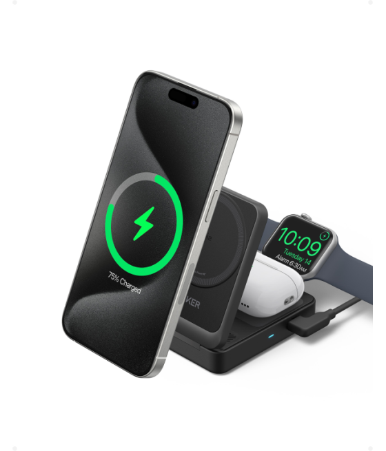 Cargador anker maggo magnetic wireless charger 15w foldable 3-in-1 black eu plug