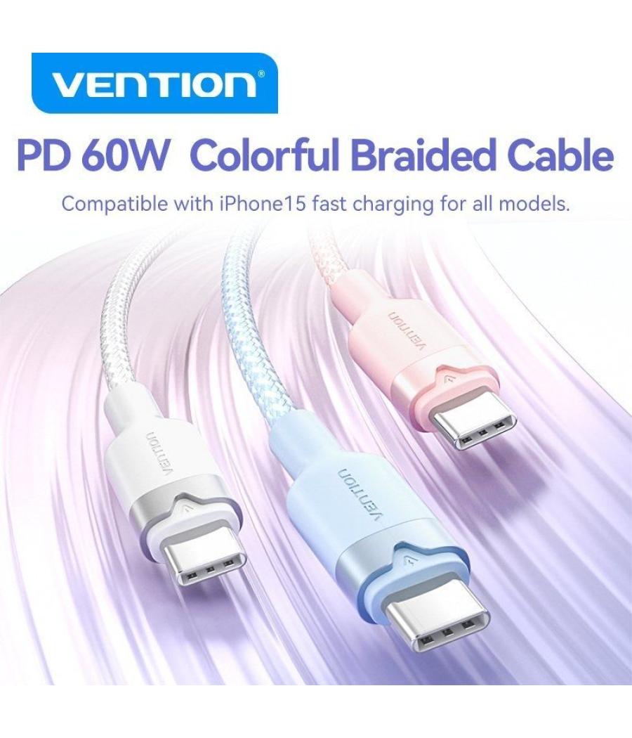 Cable usb 2.0 tipo-c 3a vention trdwf/ usb tipo-c macho - usb tipo-c macho/ hasta 60w/ 480mbps/ 1m/ blanco