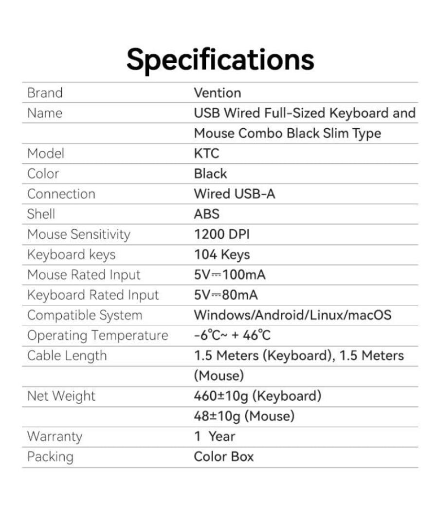 Teclado y ratón vention combo ktcb0-es/ negro