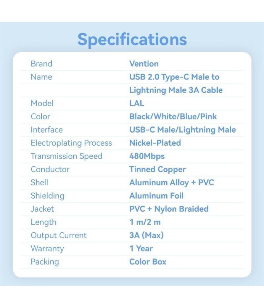 Cable usb tipo-c lightning vention lalwf/ usb tipo-c macho - lightning macho/ 27w/ 480mbps/ 1m/ blanco