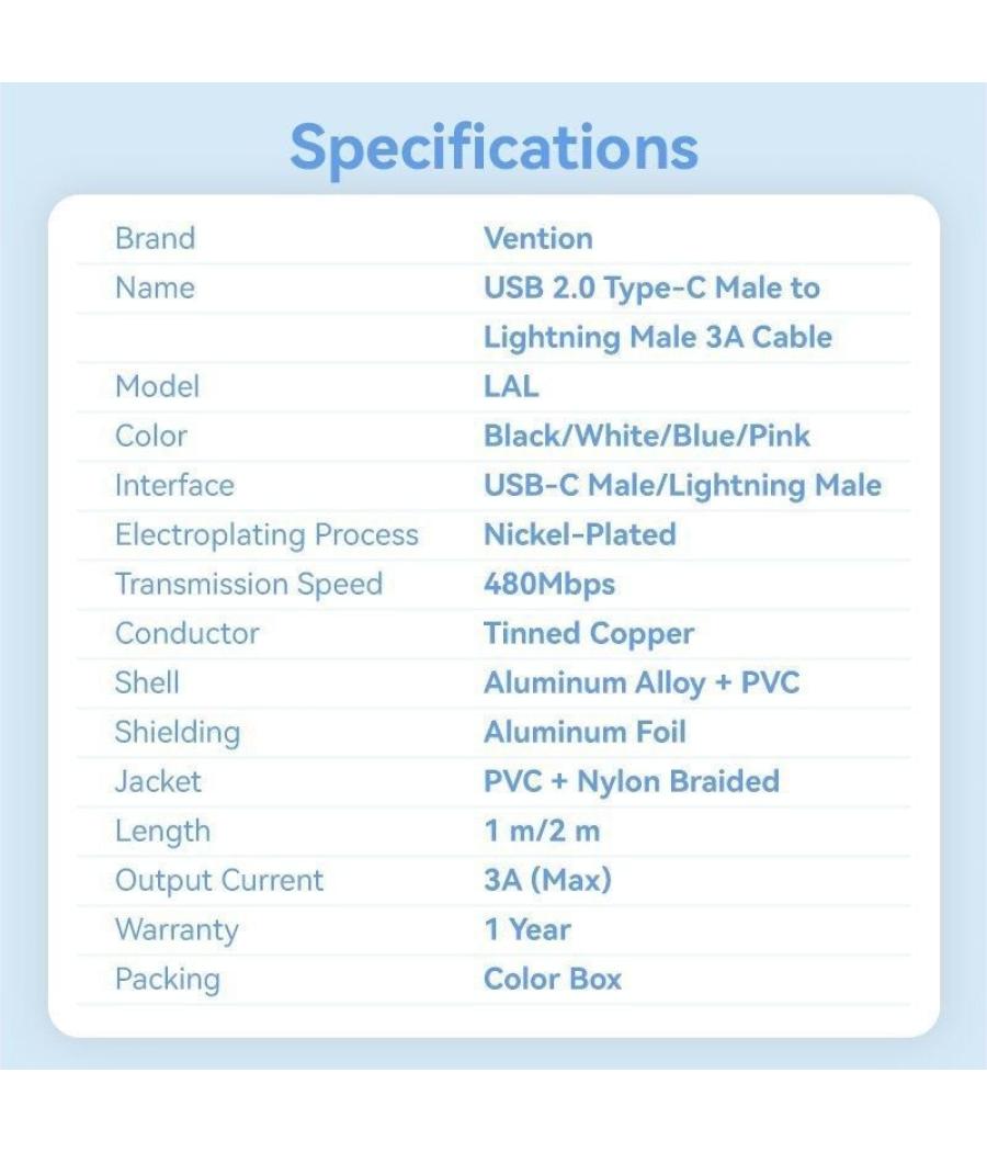 Cable usb tipo-c lightning vention lalwh/ usb tipo-c macho - lightning macho/ 27w/ 480mbps/ 2m/ blanco