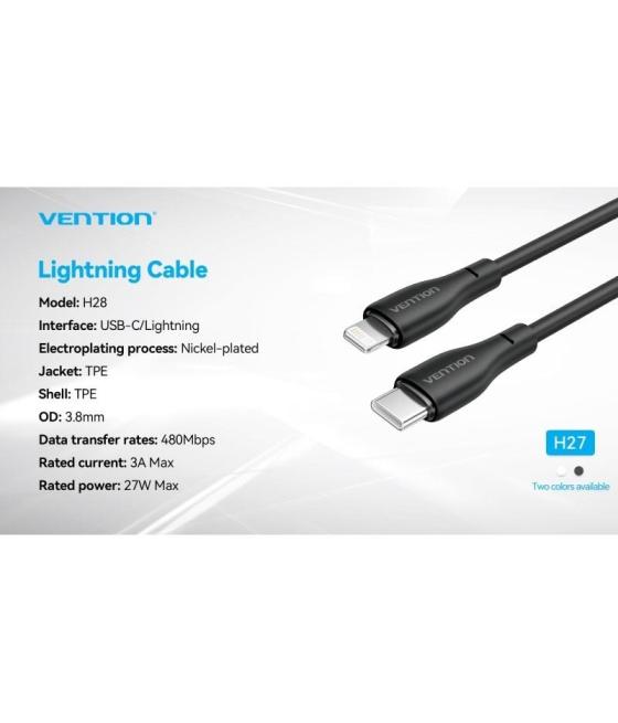 Cable usb tipo-c lightning vention h28bf/ usb tipo-c macho - lightning macho/ 27w/ 480mbps/ 1m/ negro