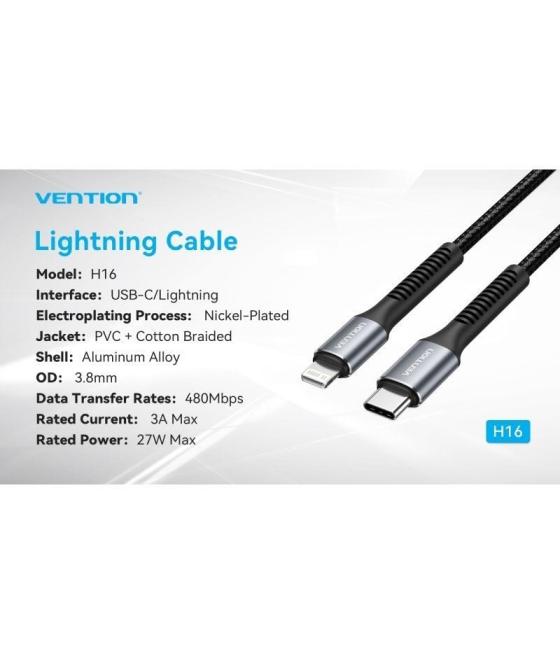 Cable usb tipo-c lightning vention h16bf/ lightning macho - usb tipo-c macho/ 27w/ 480mbps/ 1m/ negro