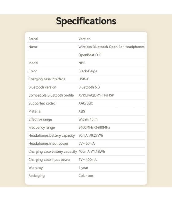 Auriculares deportivos bluetooth vention open ear openbeat o11 nbpb0 con estuche de carga/ negros