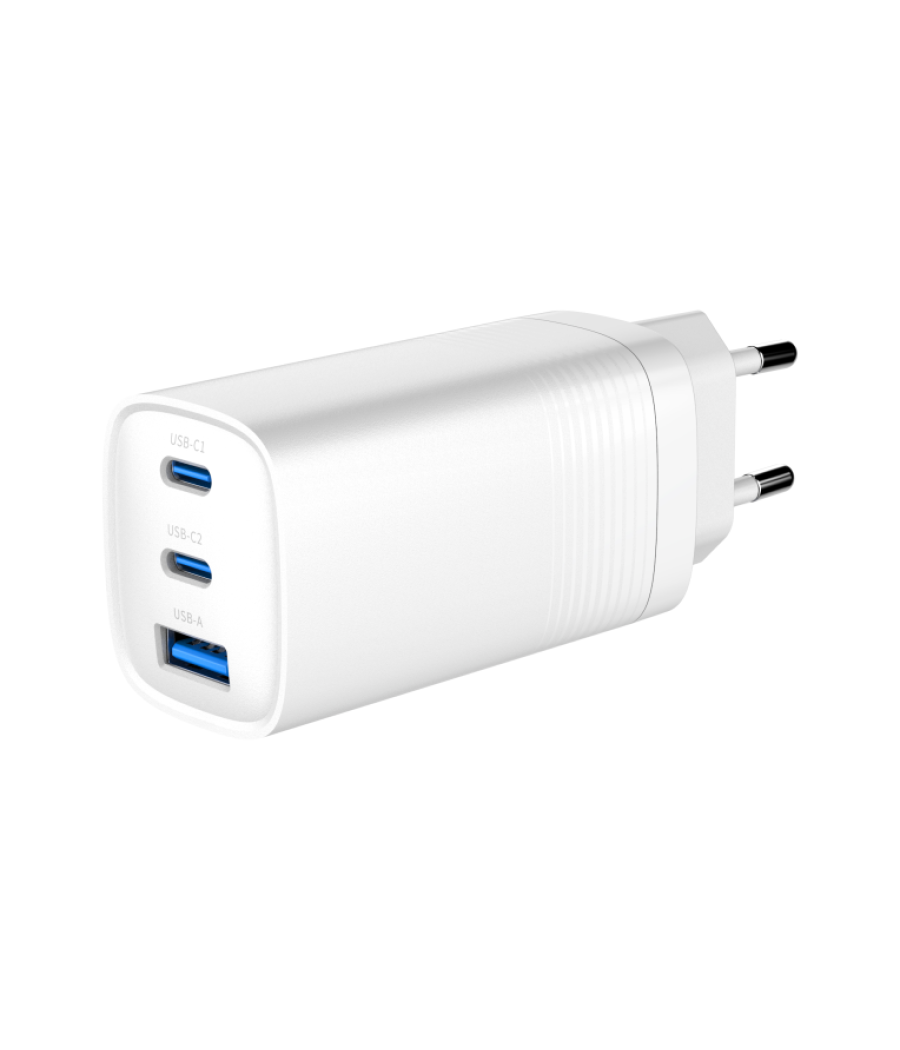 Cargador rapido usb gembird power delivery gan de 3 puertos y 65 w, blanco