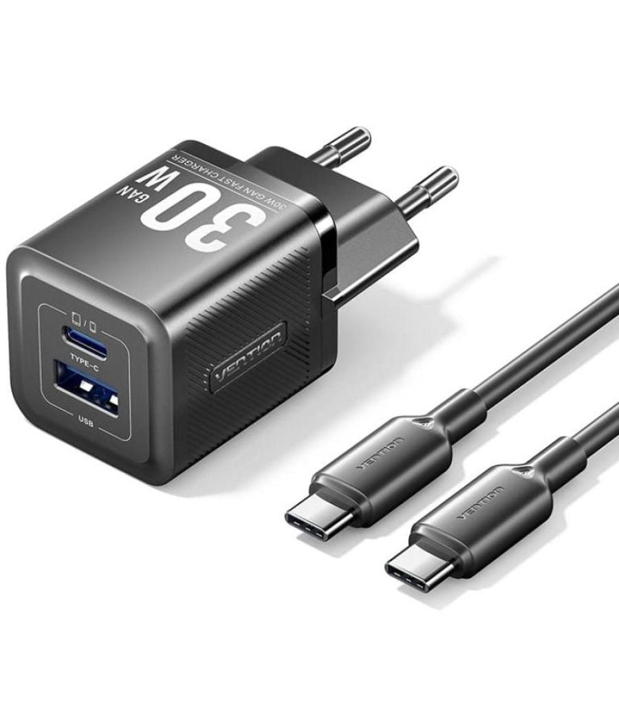 Cargador gan de pared vention tz-feqb0-eu-01/ 1xusb tipo-c/ 1xusb + cable usb tipo-c/ 30w