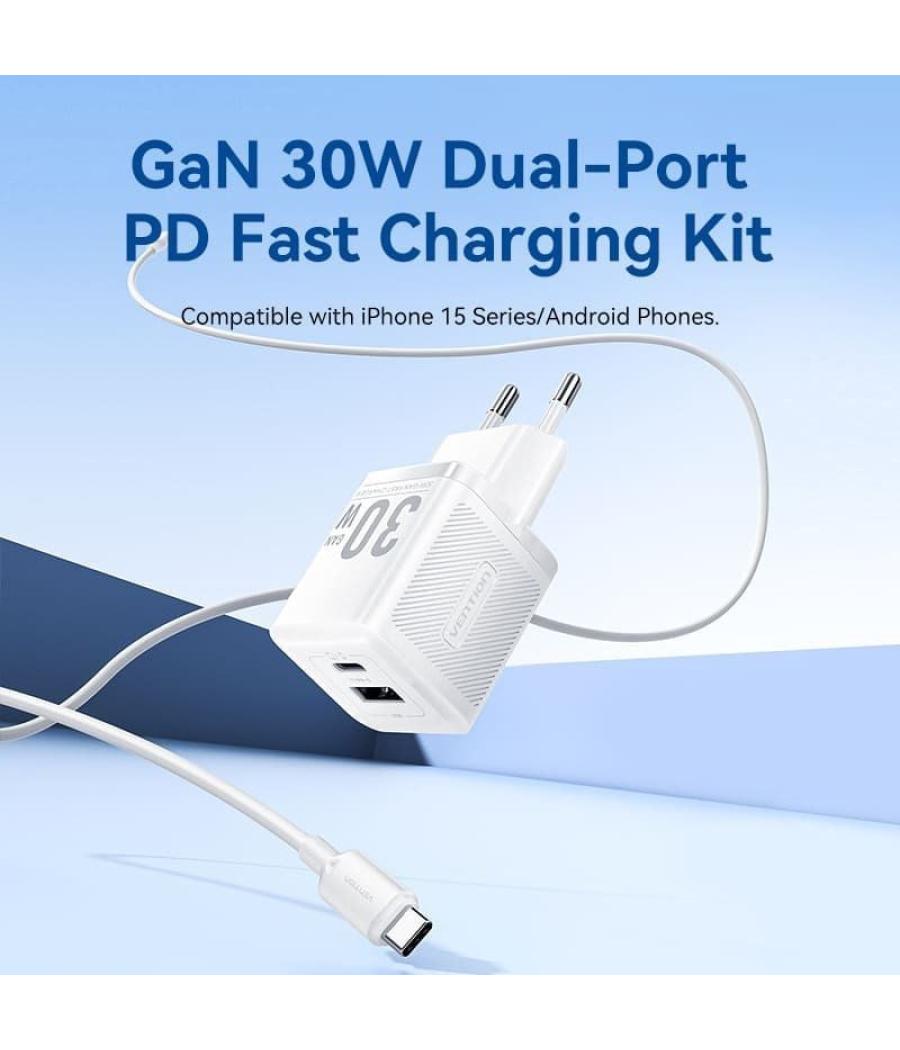 Cargador gan de pared vention tz-feqb0-eu-01/ 1xusb tipo-c/ 1xusb + cable usb tipo-c/ 30w