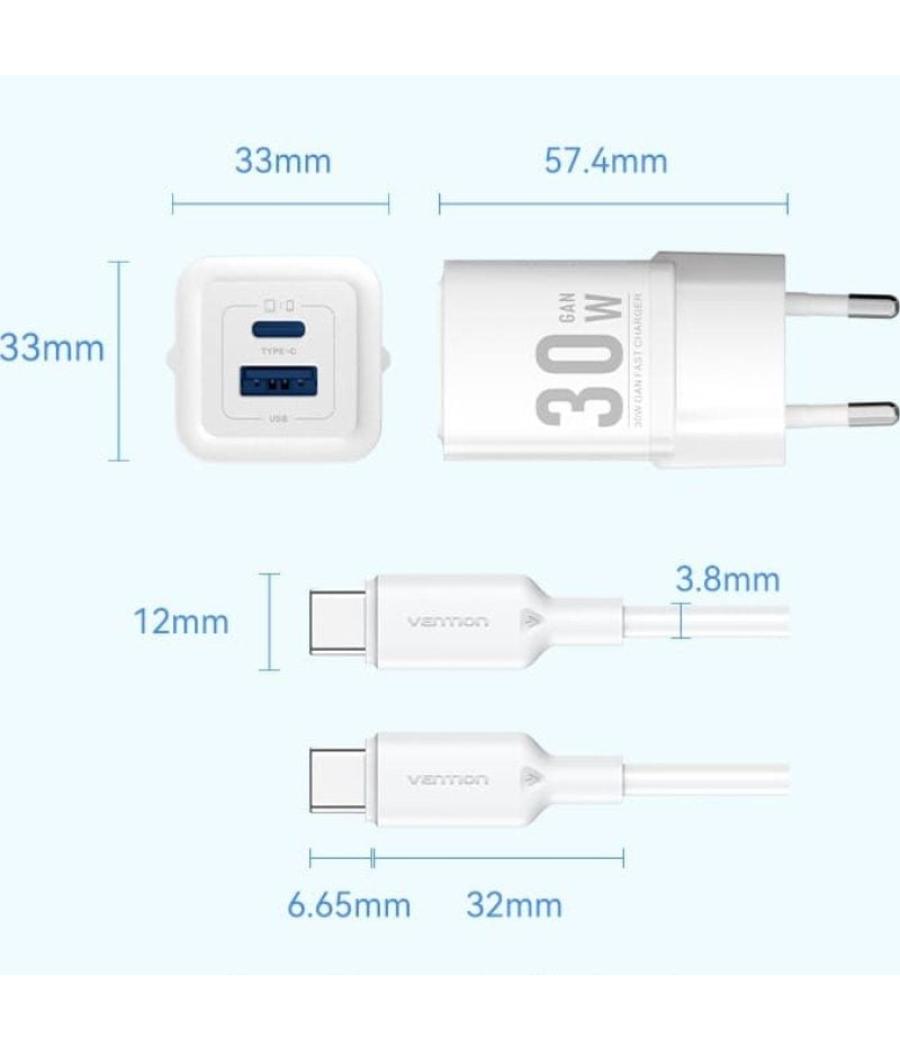 Cargador gan de pared vention tz-feqb0-eu-01/ 1xusb tipo-c/ 1xusb + cable usb tipo-c/ 30w