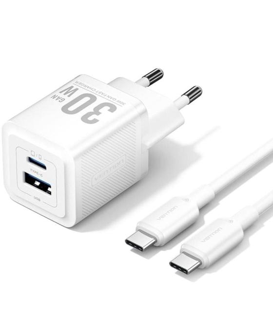 Cargador gan de pared vention tz-feqw0-eu-01/ 1xusb tipo-c/ 1xusb + cable usb tipo-c/ 30w