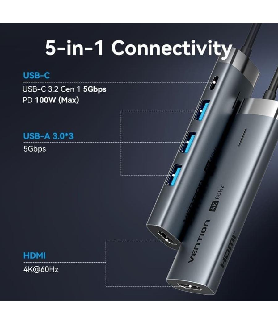 Docking usb tipo-c vention tgmhb/ 3xusb/ 1xhdmi/ 1xusb tipo-c pd