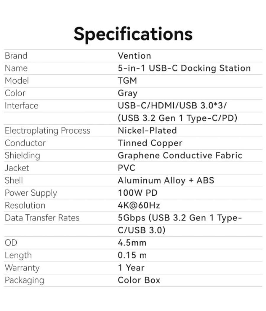 Docking usb tipo-c vention tgmhb/ 3xusb/ 1xhdmi/ 1xusb tipo-c pd