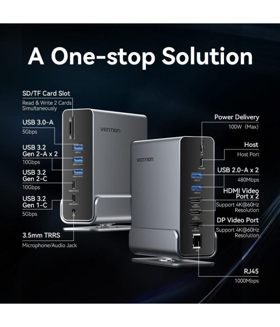 Docking usb tipo-c vention tpuh0/ 2xhdmi/ 1xdisplayport/ 3xusb tipo-c/ 5xusb/ 1xrj45/ 1xlector de tarjetas/ 1xjack 3.5/ 1xusb ti