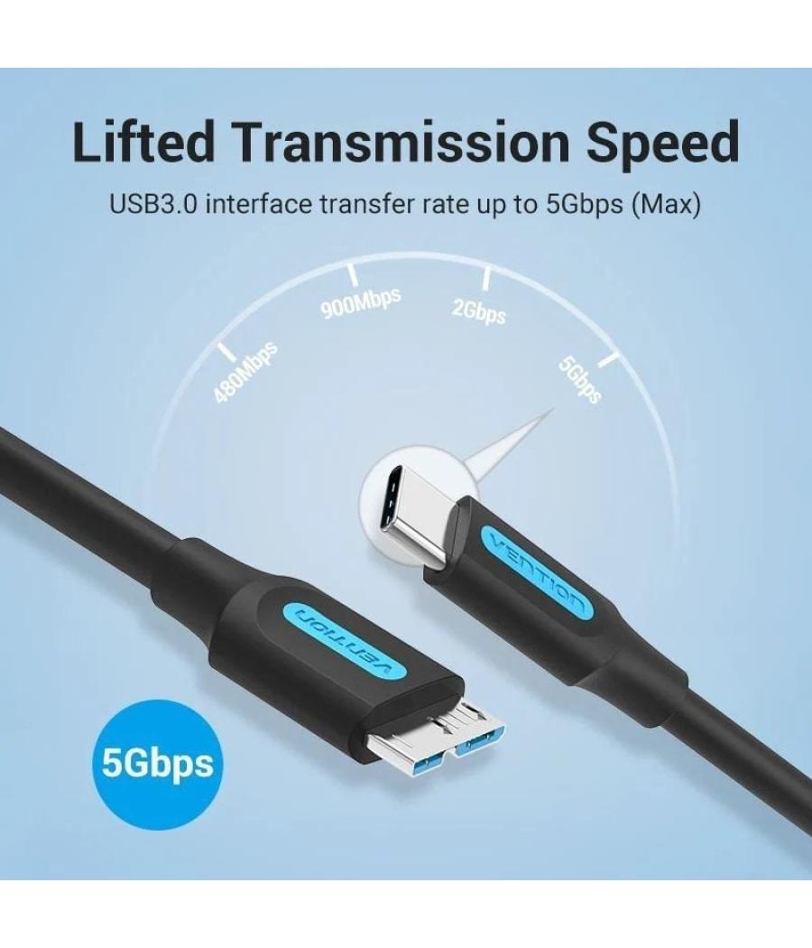 Cable usb 3.0 vention cqabd/ microusb macho - usb tipo-c macho/ 5gbps/ 50cm/ negro