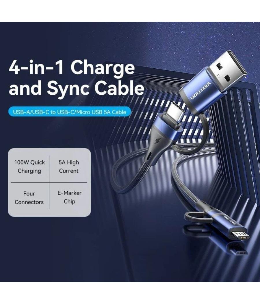 Cable usb 2.0 tipo-c vention ctllf/ usb tipo-c macho - usb macho/ microusb macho - usb tipo-c macho/ hasta 100w/ 480mbps/ 1m/ ne