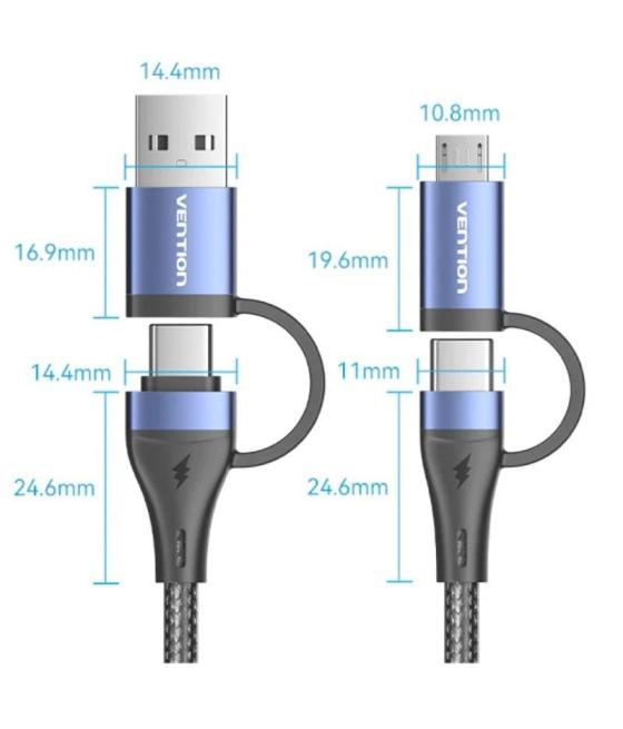 Cable usb 2.0 tipo-c vention ctllf/ usb tipo-c macho - usb macho/ microusb macho - usb tipo-c macho/ hasta 100w/ 480mbps/ 1m/ ne