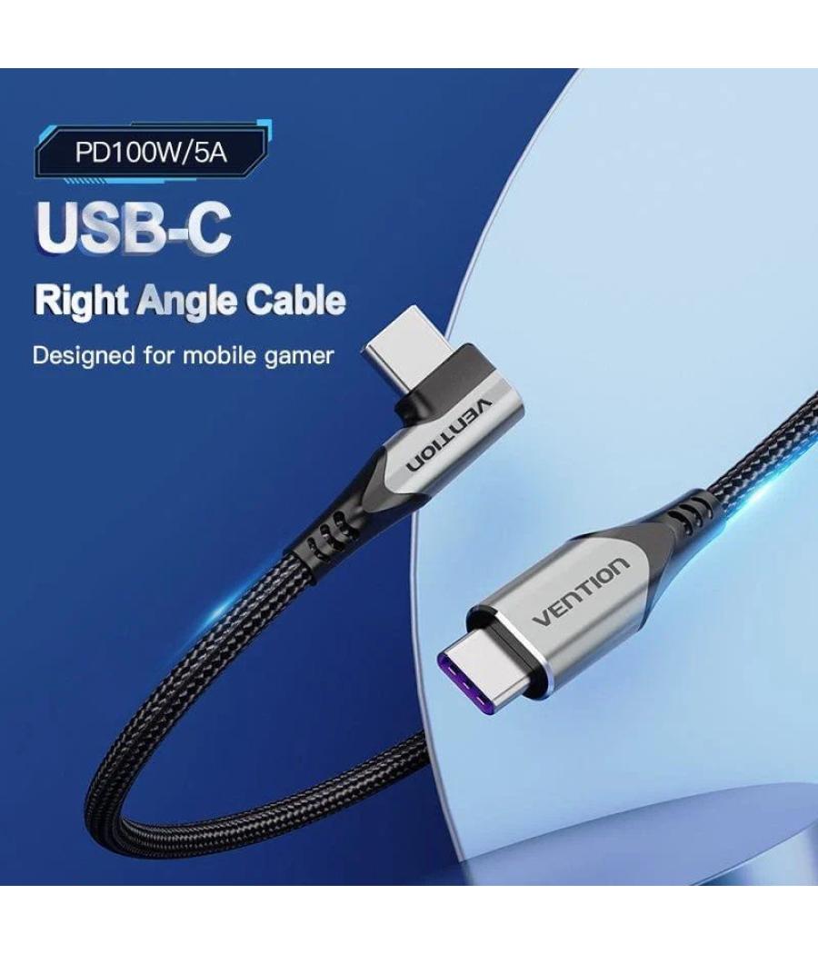 Cable usb 2.0 tipo-c 90º vention takhf/ usb tipo-c macho - usb tipo-c macho/ hasta 100w/ 480mbps/ 1m/ gris