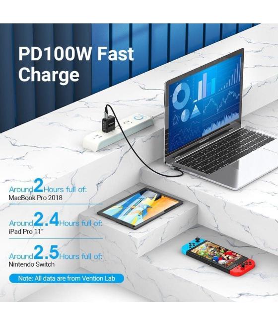 Cable usb 2.0 tipo-c 90º vention takhf/ usb tipo-c macho - usb tipo-c macho/ hasta 100w/ 480mbps/ 1m/ gris