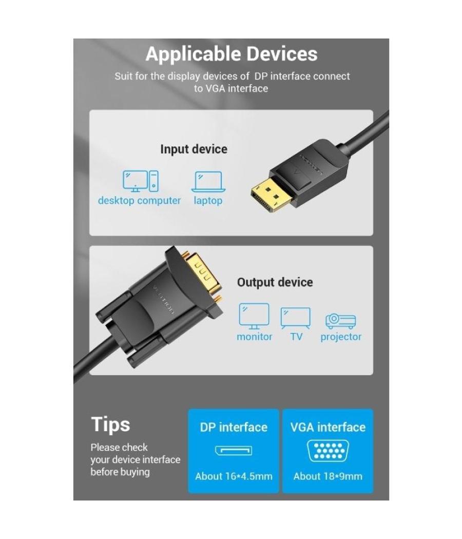 Cable conversor vention hblbj/ vga macho - displayport macho/ 5m/ negro