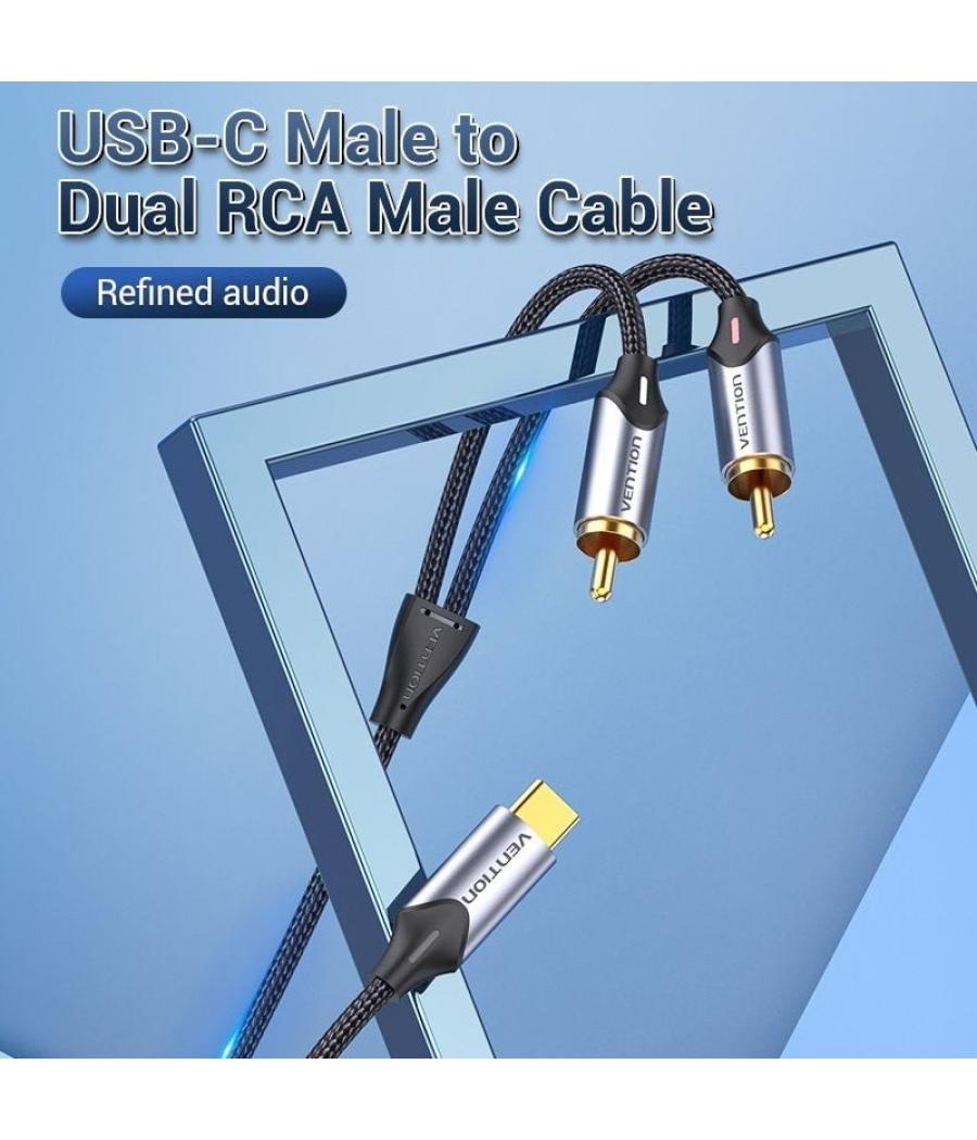 Cable conversor vention bguhf/ 2x rca macho - usb tipo-c macho/ 1m/ gris
