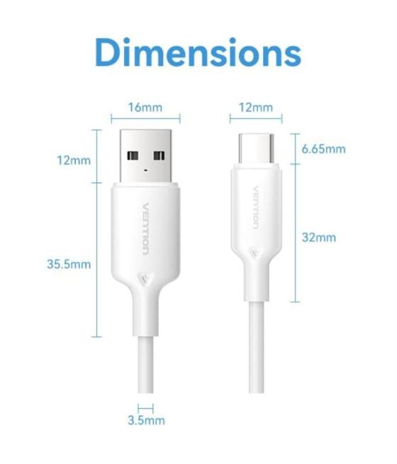 Cable usb 2.0 tipo-c vention ctqwf/ usb tipo-c macho - usb macho/ hasta 60w/ 480mbps/ 1m/ blanco