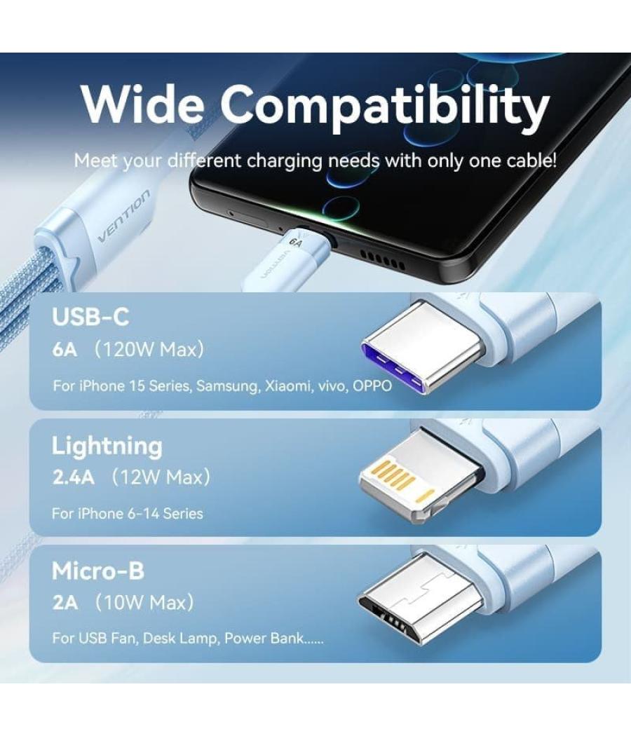 Cable usb 2.0 lightning vention ctrpg/ usb macho/ usb tipo-c macho - microusb macho - lightning macho/ 1.5m/ rosa