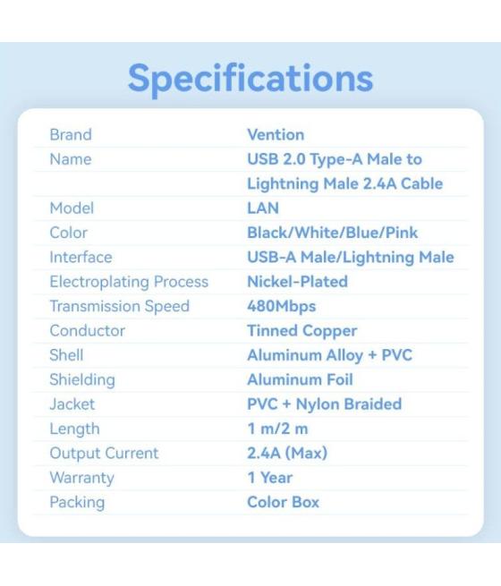 Cable usb lightning vention lanwf/ usb macho - lightning macho/ 480mbps/ 1m/ blanco