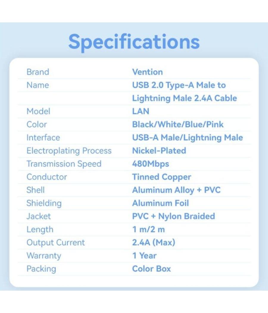 Cable usb lightning vention lanwf/ usb macho - lightning macho/ 480mbps/ 1m/ blanco