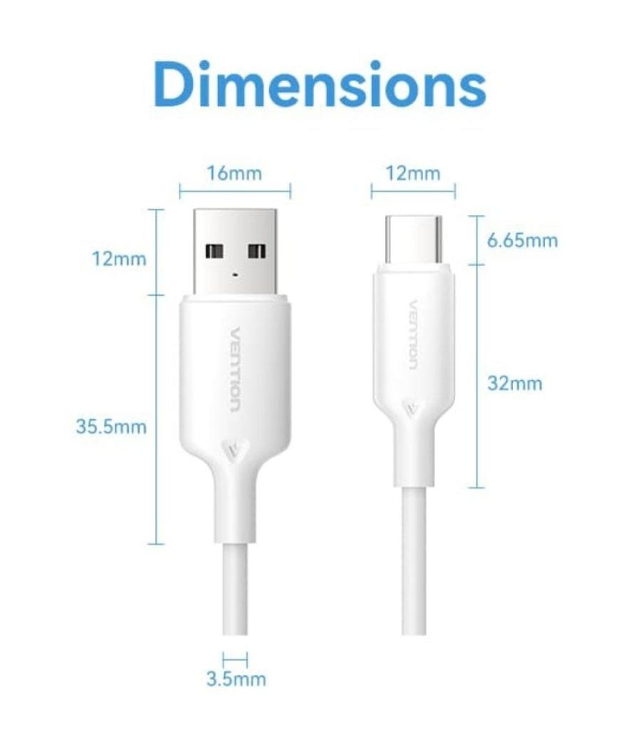 Cable usb 2.0 tipo-c vention ctqwh/ usb tipo-c macho - usb macho/ hasta 60w/ 480mbps/ 2m/ blanco