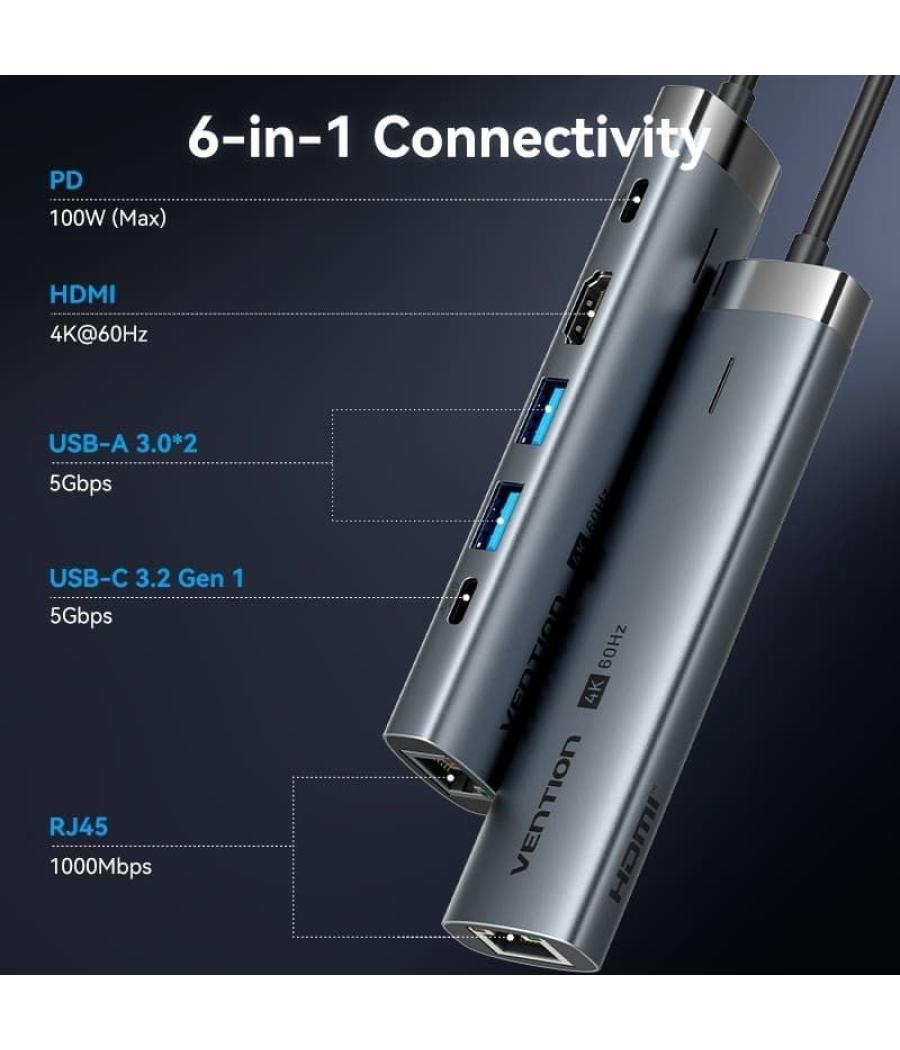 Docking usb tipo-c vention tgnhb/ 1xusb 3.2 tipo-c/ 2xusb/ 1xhdmi/ 1xrj45/ 1xusb tipo-c pd