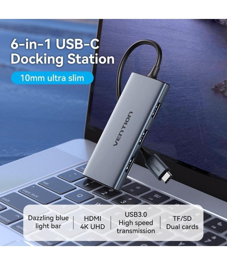 Docking usb tipo-c vention toohb/ 1xhdmi/ 3xusb/ 1xlector tarjetas sd y microsd/ gris