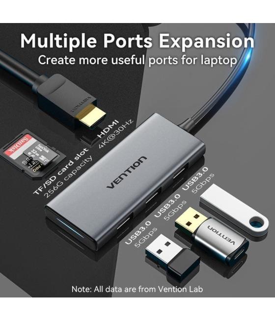 Docking usb tipo-c vention toohb/ 1xhdmi/ 3xusb/ 1xlector tarjetas sd y microsd/ gris