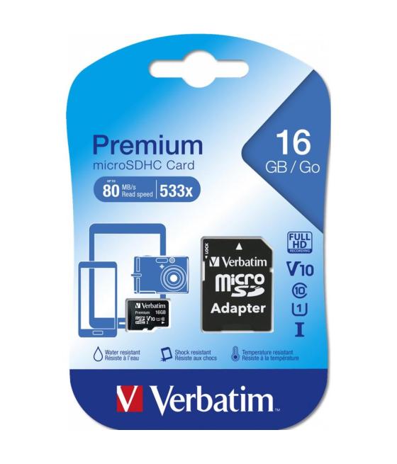 Tarjeta micro sd verbatim 16gb c10 u1 + adaptador