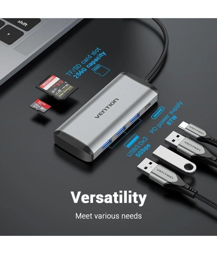 Docking usb tipo-c vention tgrhb/ 3xusb/ 1xlector tarjetas/ 1xusb tipo-c pd/ gris