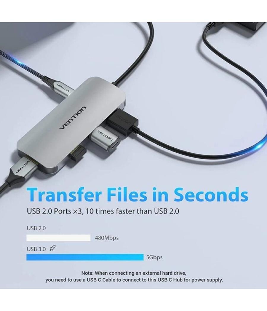 Docking usb tipo-c vention tojhb/ 1xhdmi/ 3xusb/ 1xusb tipo-c/ 1xlector tarjetas/ gris