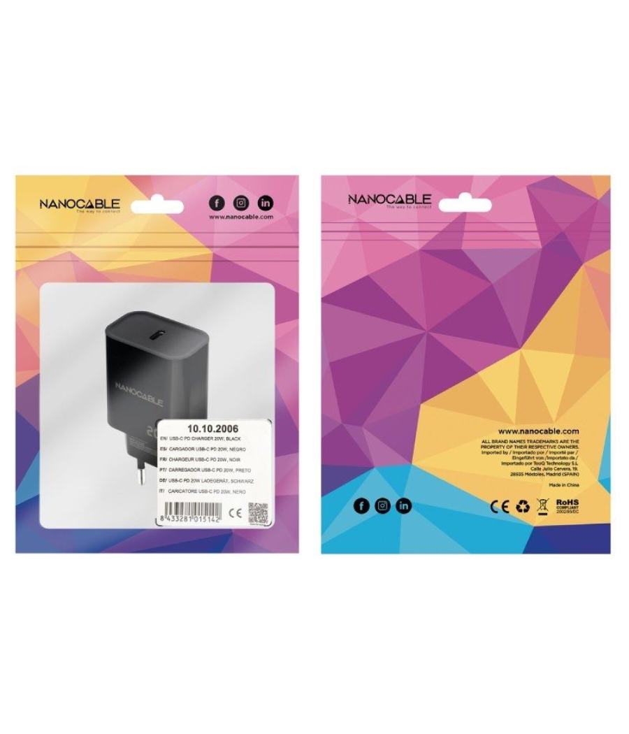 Cargador de pared nanocable 10.10.2006/ 1xusb tipo-c/ 20w/ negro