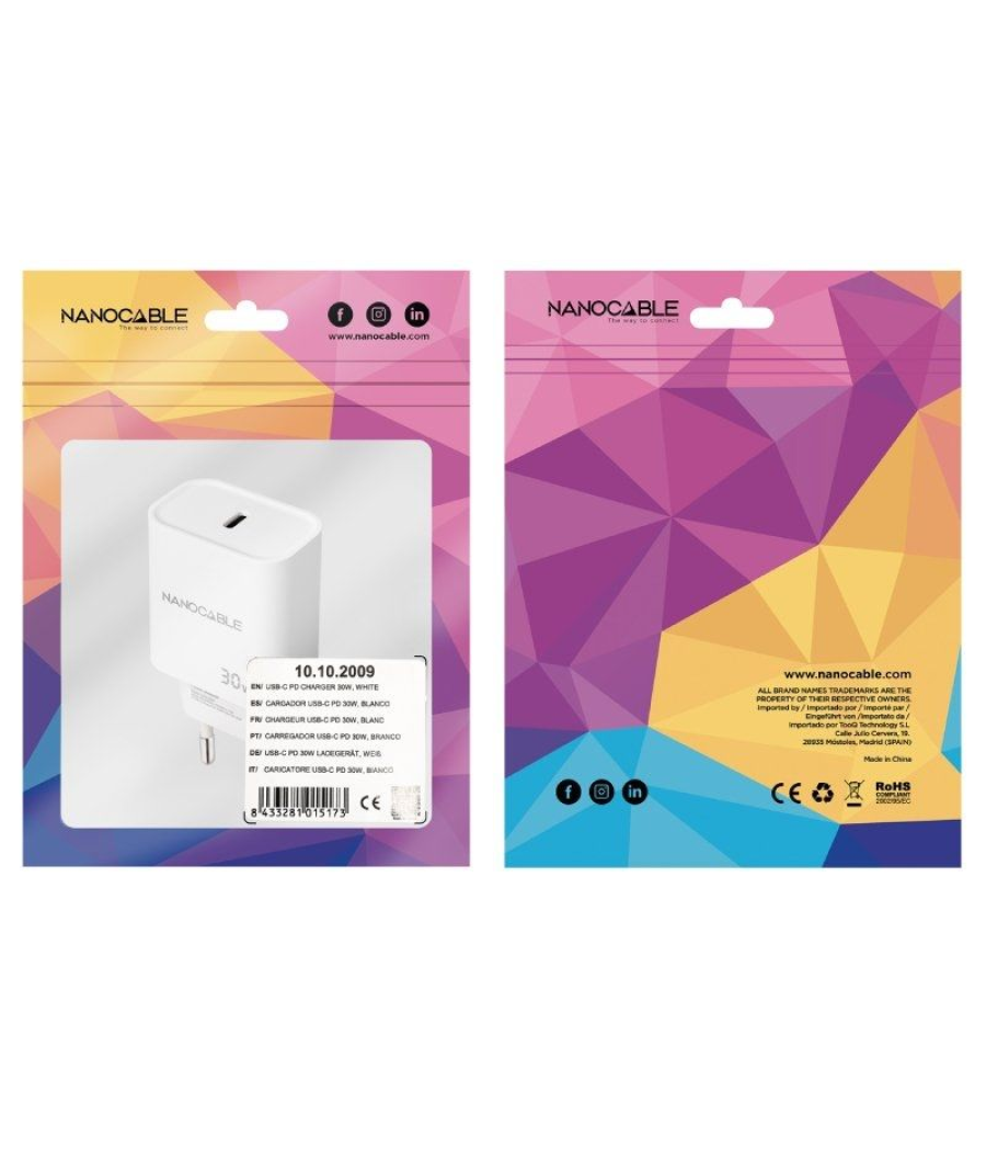 Cargador de pared nanocable 10.10.2009/ 1xusb tipo-c/ 30w/ blanco