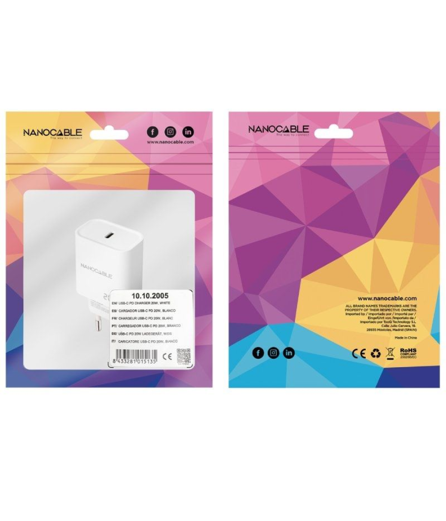 Cargador de pared nanocable 10.10.2005/ 1xusb tipo-c/ 20w/ blanco