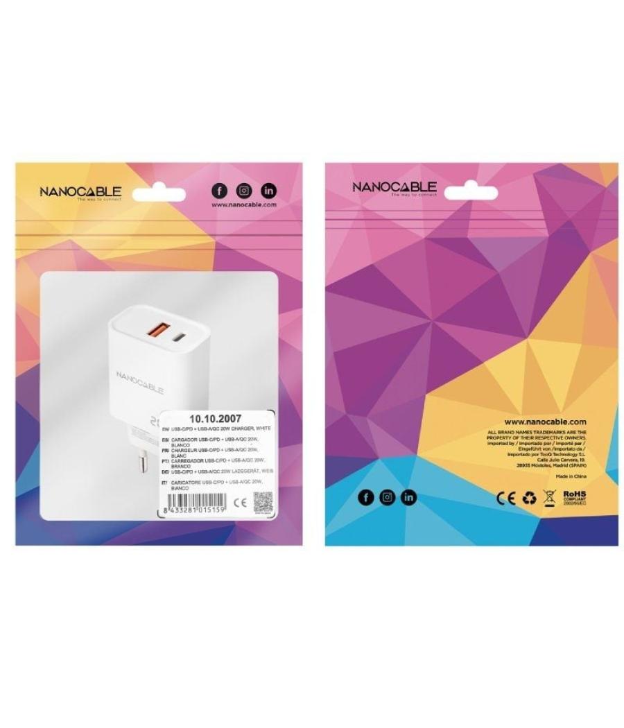 Cargador de pared nanocable 10.10.2007/ 1xusb/ 1xusb tipo-c/ 20w/ blanco