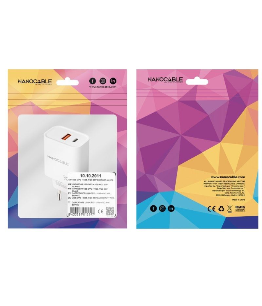 Cargador de pared nanocable 10.10.2011/ 1xusb/ 1xusb tipo-c/ 30w/ blanco