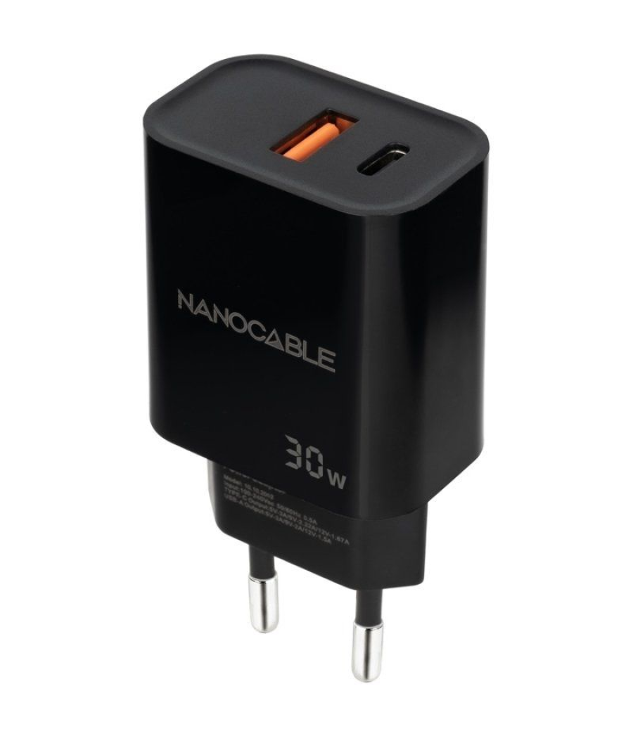 Cargador de pared nanocable 10.10.2012/ 1xusb/ 1xusb tipo-c/ 30w/ negro