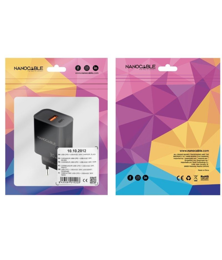 Cargador de pared nanocable 10.10.2012/ 1xusb/ 1xusb tipo-c/ 30w/ negro