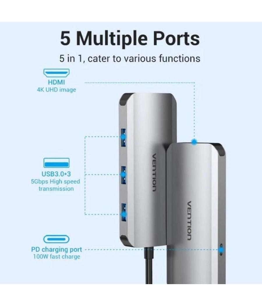 Docking usb tipo-c vention todhb/ 1xhdmi/ 3xusb/ 1xusb tipo-c pd/ gris