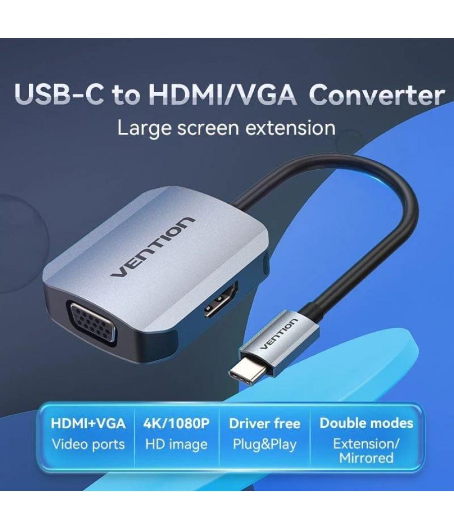 Conversor vention tdihb/ usb tipo-c macho/ vga hembra - hdmi hembra/ 15cm/ plata