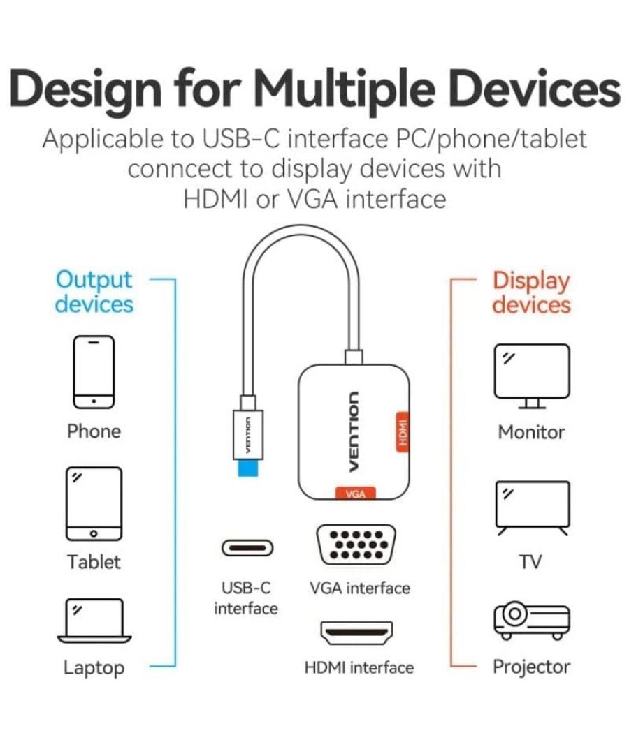 Conversor vention tdihb/ usb tipo-c macho/ vga hembra - hdmi hembra/ 15cm/ plata