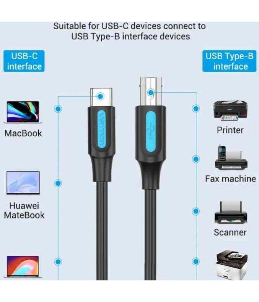 Cable usb 2.0 impresora vention cqubf/ usb tipo-b macho - usb tipo-c macho/ 480mbps/ 1m/ negro