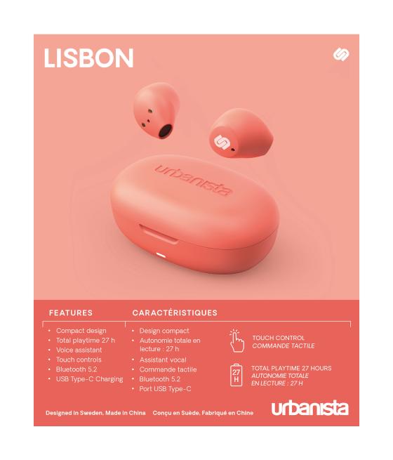 Auriculares urbanista true wireless inalambricos lisbon coral peach - naranja coral