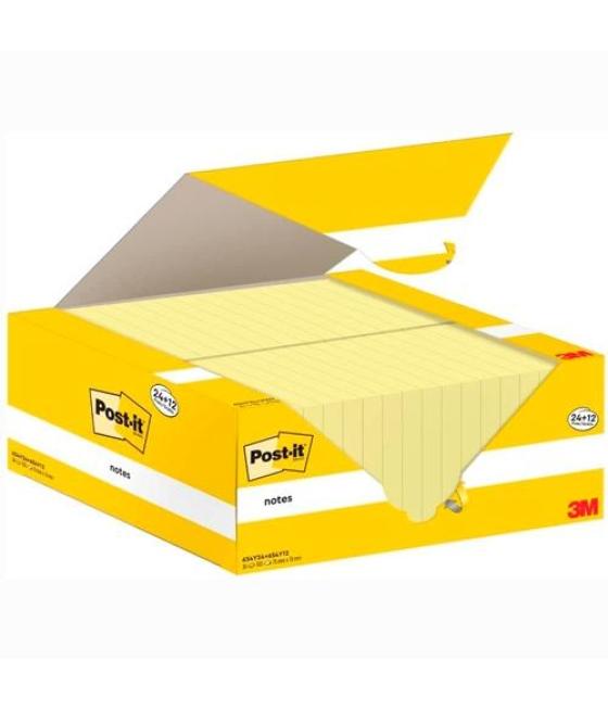 Post-it bloc notas 654 canary yellow 100h 76x76 paquete 24 ud   12 ud gratis
