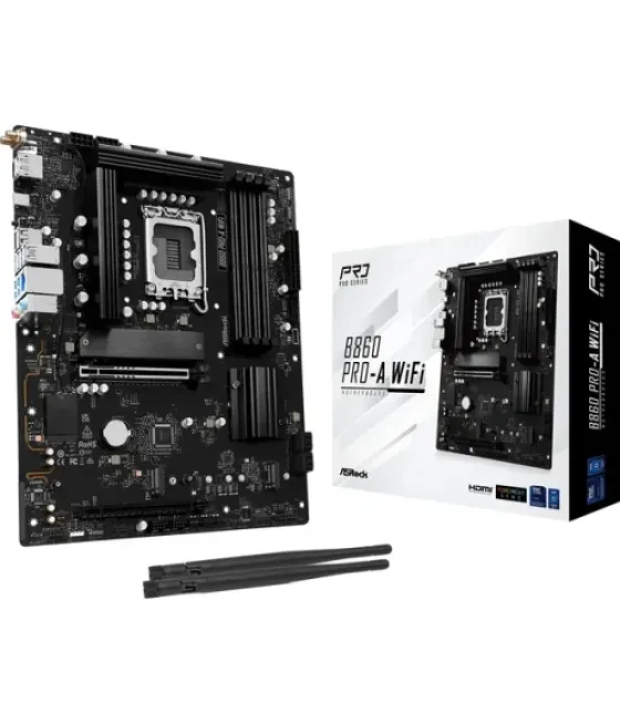 Placa asrock b860 pro-a wifi,intel,1851,b860,4ddr5,256gb,1hdmi+1dp,4sata3+2m.2,2.5gblan,wifi6e+bt5.3,8usb3.2+2usb type-c,atx